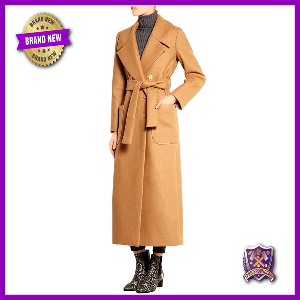Elegant Wool Blend Overcoat Classic Double Breasted Belted Pea Coat Ankle Length